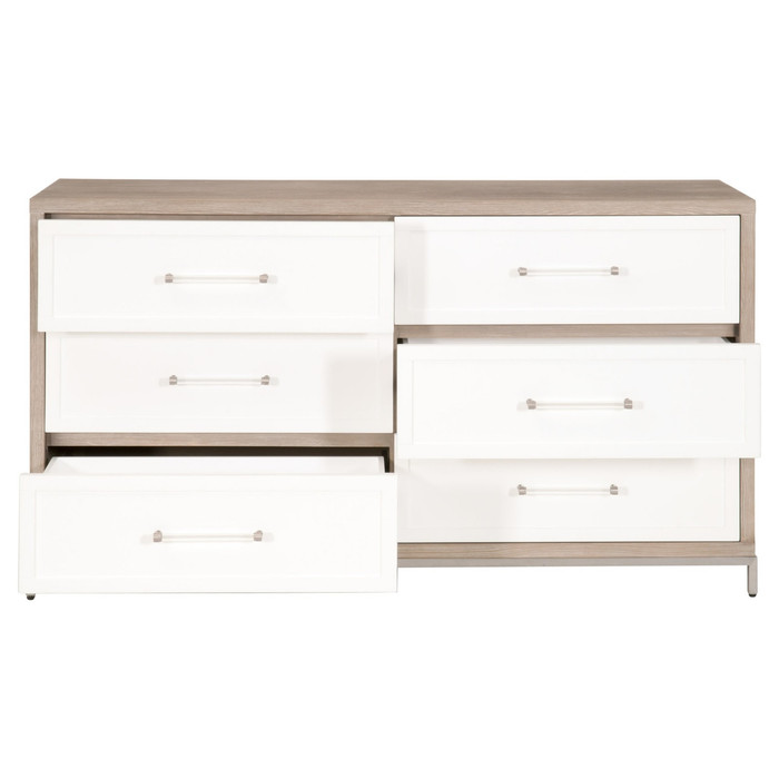 Essentials For Living - Wrenn 6-Drawer Double Dresser in Natural Gray Acacia, Matte White, Brushed Stainless Steel
