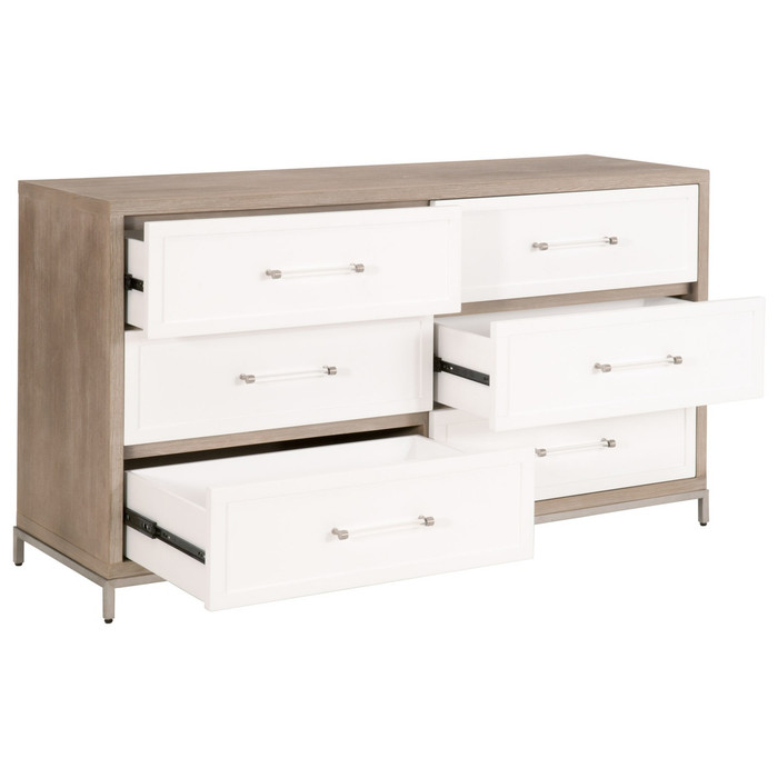 Essentials For Living - Wrenn 6-Drawer Double Dresser in Natural Gray Acacia, Matte White, Brushed Stainless Steel