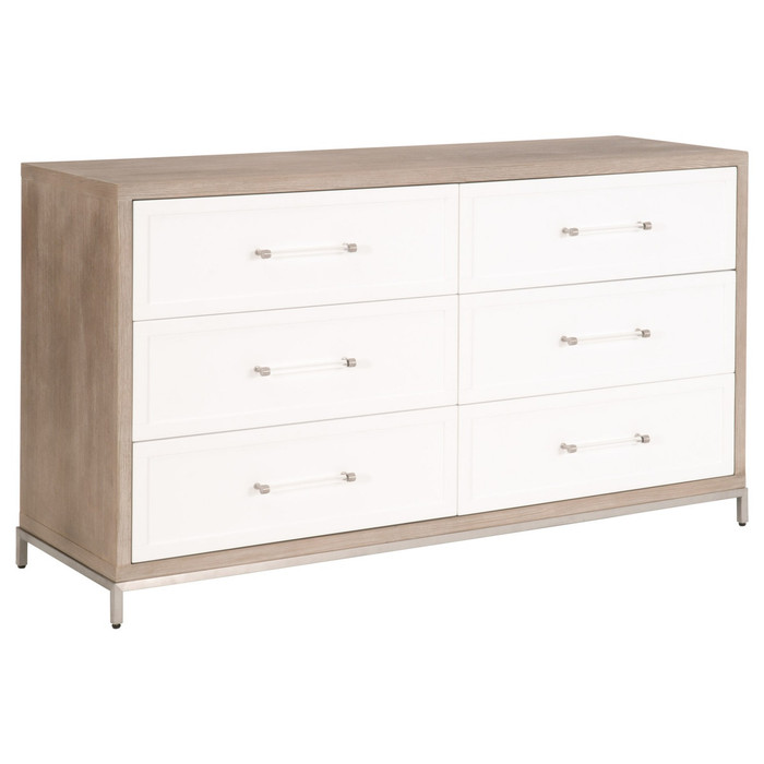 Essentials For Living - Wrenn 6-Drawer Double Dresser in Natural Gray Acacia, Matte White, Brushed Stainless Steel