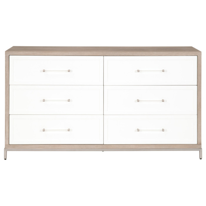 Essentials For Living - Wrenn 6-Drawer Double Dresser in Natural Gray Acacia, Matte White, Brushed Stainless Steel