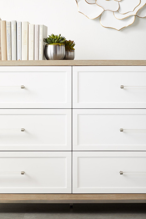 Essentials For Living - Wrenn 6-Drawer Double Dresser in Natural Gray Acacia, Matte White, Brushed Stainless Steel