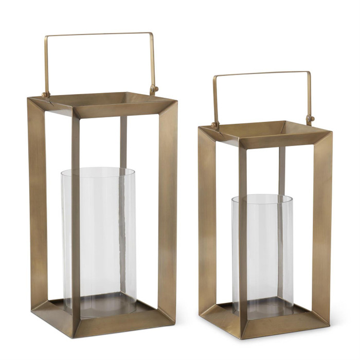 Set of 2 Open Brass Frame Lanterns with Glass Hurricanes by K&K Interiors 