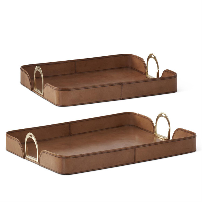 Set of 2 Nested Brown Leather Trays by K&K Interiors Set of 2 Nested Brown Leather Trays by K&K Interiors