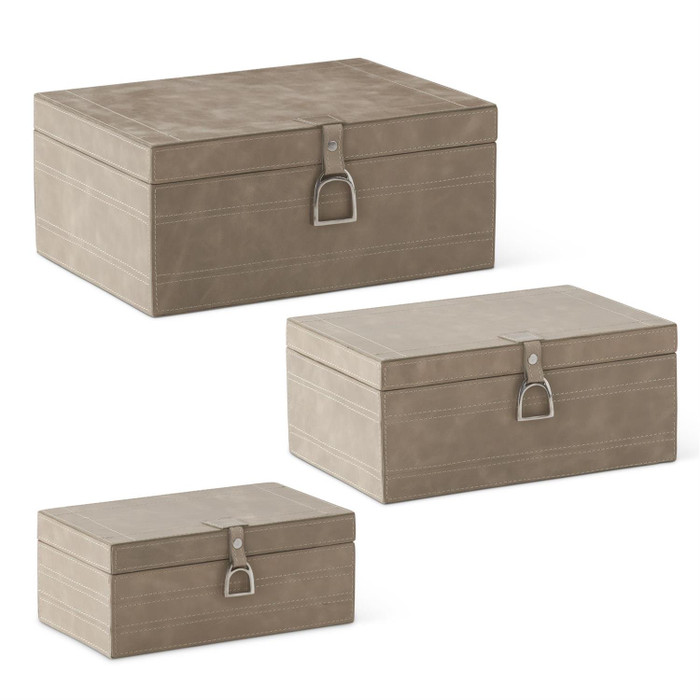 Set of 3 Beige Leather Suede Lined Nesting Boxes by K&K Interiors Set of 3 Beige Leather Suede Lined Nesting Boxes by K&K Interiors