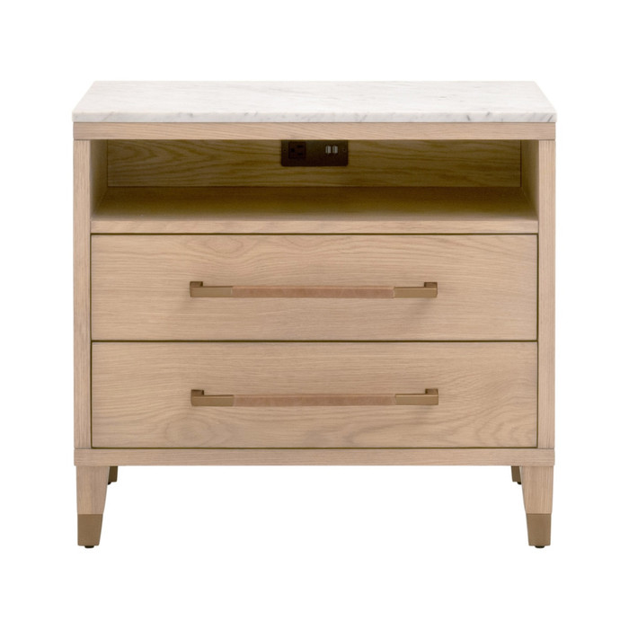 Essentials For Living - Cambria 2-Drawer Nightstand in Natural Oak, Bianco Marble, Aged Brass