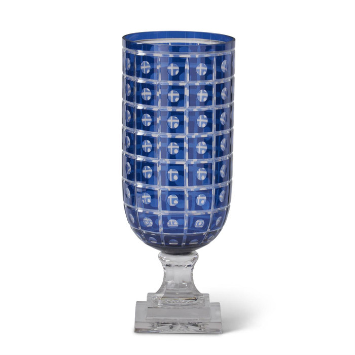 15 Inch Sapphire Blue Dot Cut Vase with Clear Glass Pedestal by K&K Interiors 15 Inch Sapphire Blue Dot Cut Vase with Clear Glass Pedestal by K&K Interiors