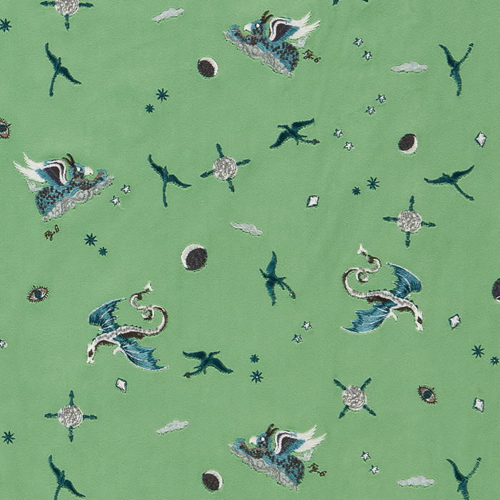 Draco Cosmos in Green Embroidery, Upholstery Fabric by Clarke & Clarke