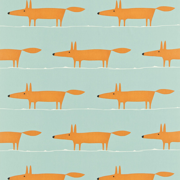 Mr Fox in Sky/tangerine, Drapery Fabric by Scion