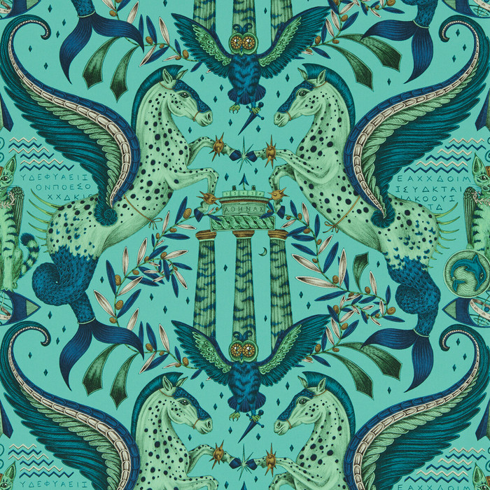 Odyssey Mythos in Peacock Wp, Wallcovering by Clarke & Clarke
