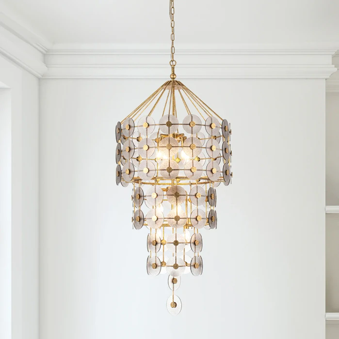 Lucas + McKearn Meridian 9 Light Pendant in Antiqued Gold Leaf with Smokey Grey Glass