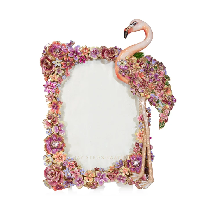 Jay Strongwater Agnes 5" x 7" Floral Flamingo Crystal Picture Frame