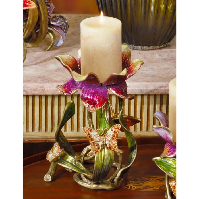 Jay Strongwater Meredith Floral 9" Pillar Candle Holder - Brocade