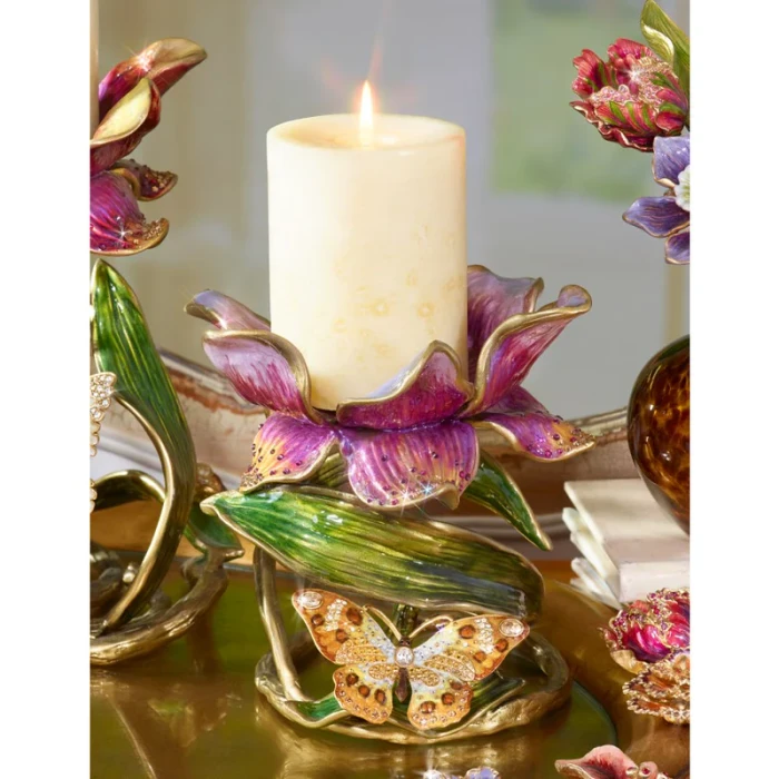 Jay Strongwater Aimee Floral 7" Pillar Candle Holder - Brocade