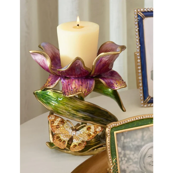 Jay Strongwater Aimee Floral 7" Pillar Candle Holder - Brocade