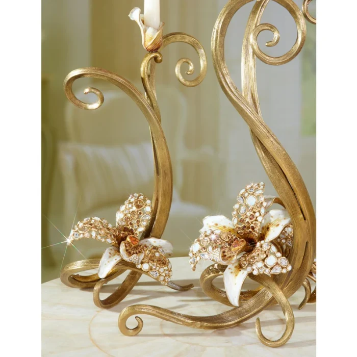 Jay Strongwater Mirabelle Orchid Single Candlestick - Golden
