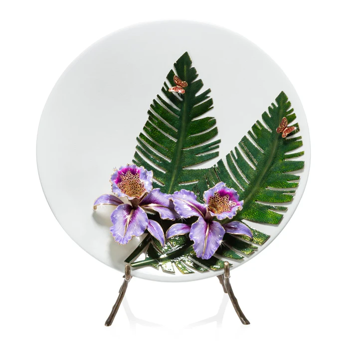 Jay Strongwater Catalina Orchid & Banana Leaf Platter with Stand