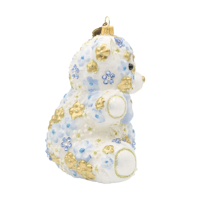 Jay Strongwater Blue Floral Teddy Glass Ornament