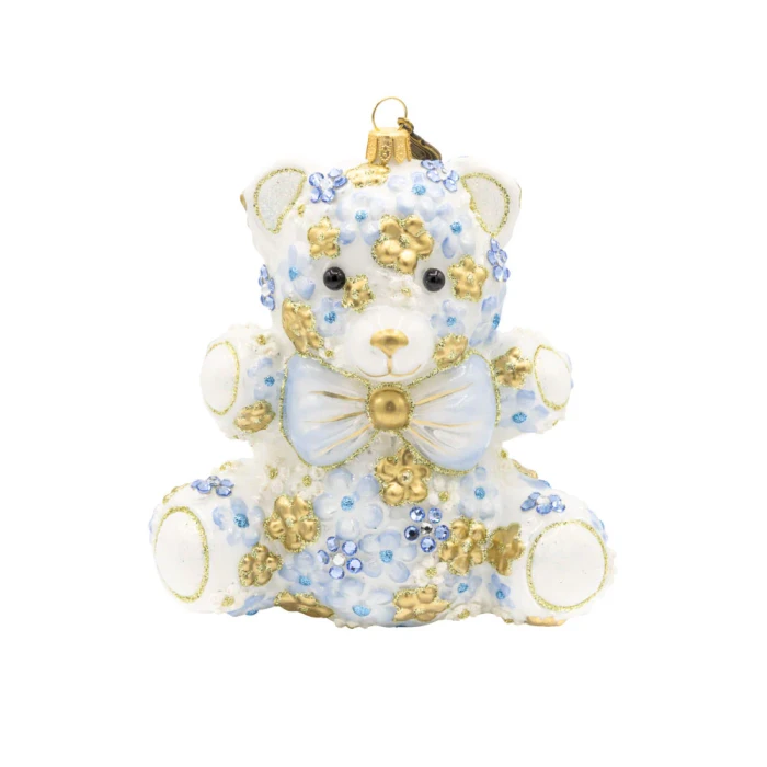 Jay Strongwater Blue Floral Teddy Glass Ornament
