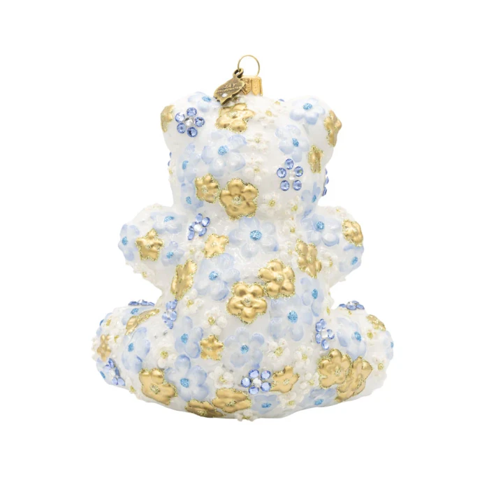 Jay Strongwater Blue Floral Teddy Glass Ornament