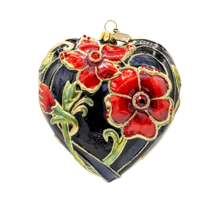 Jay Strongwater Dark Night Floral Heart Glass Ornament