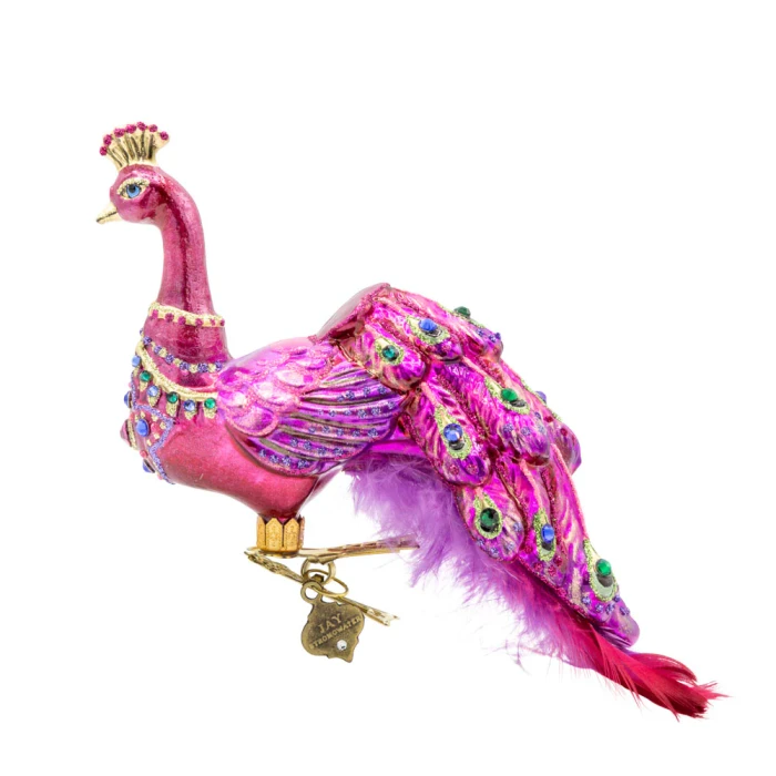 Jay Strongwater Bright Pink Peacock Glass Ornament Clip