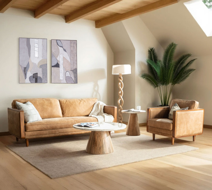 World Interiors - Caldera Coffee Table with White Travertine and Light Oak Base