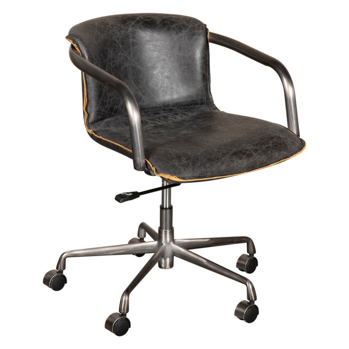 World Interiors - Chiavari Swivel Office Chair in Antique Ebony Leather and Antique Zinc