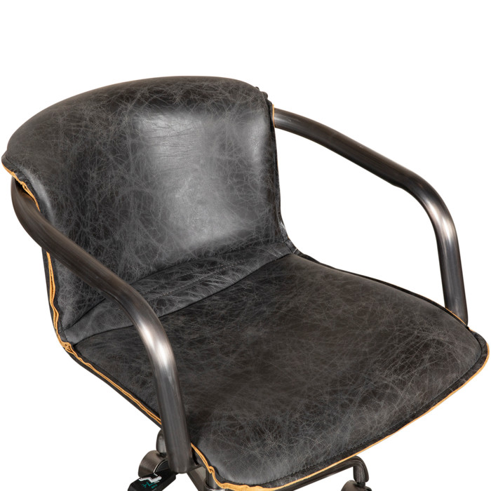 World Interiors - Chiavari Swivel Office Chair in Antique Ebony Leather and Antique Zinc