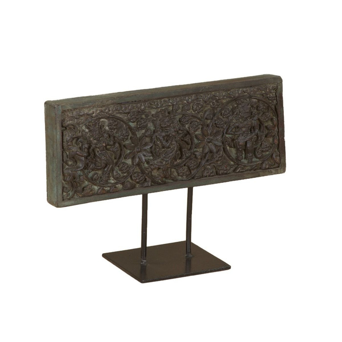 World Interiors - Curio 15" Carved Wood Panel on Iron Stand