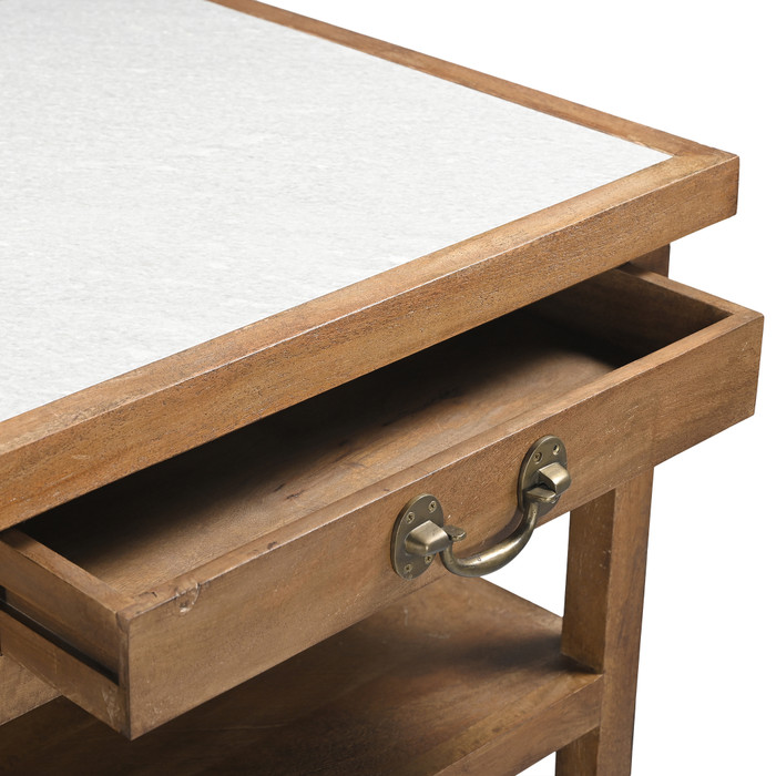 World Interiors - Delmar 58" Kitchen Island Table with White Marble Top and Natural Mango Base