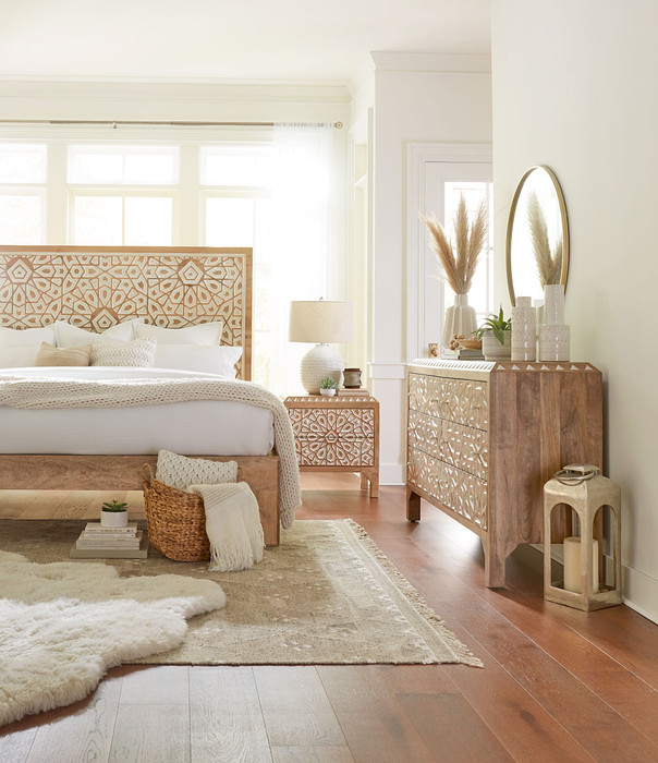 World Interiors - Haveli Geometric Carved Queen Bed in Natural White