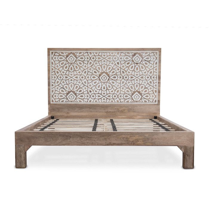 World Interiors - Haveli Geometric Carved King Bed in Natural White