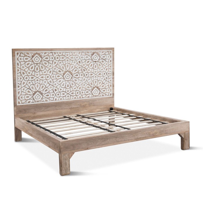 World Interiors - Haveli Geometric Carved King Bed in Natural White