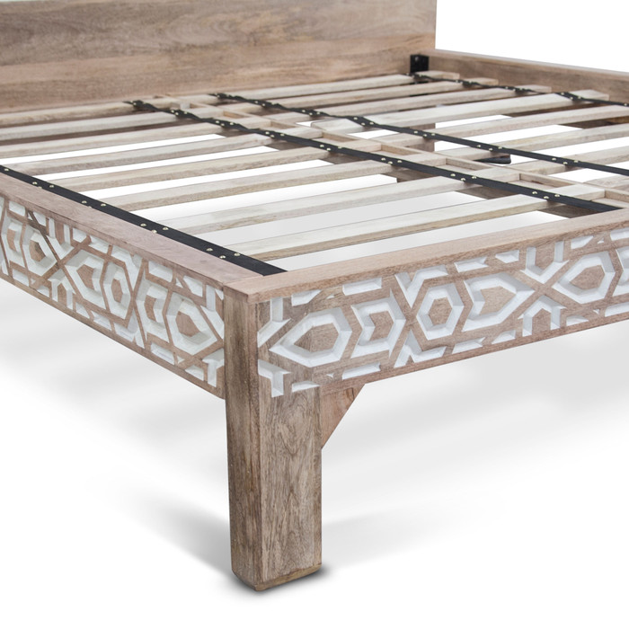 World Interiors - Haveli Geometric Carved King Bed in Natural White