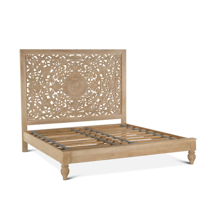 World Interiors - Haveli Carved Queen Bed in Whitewash Finish