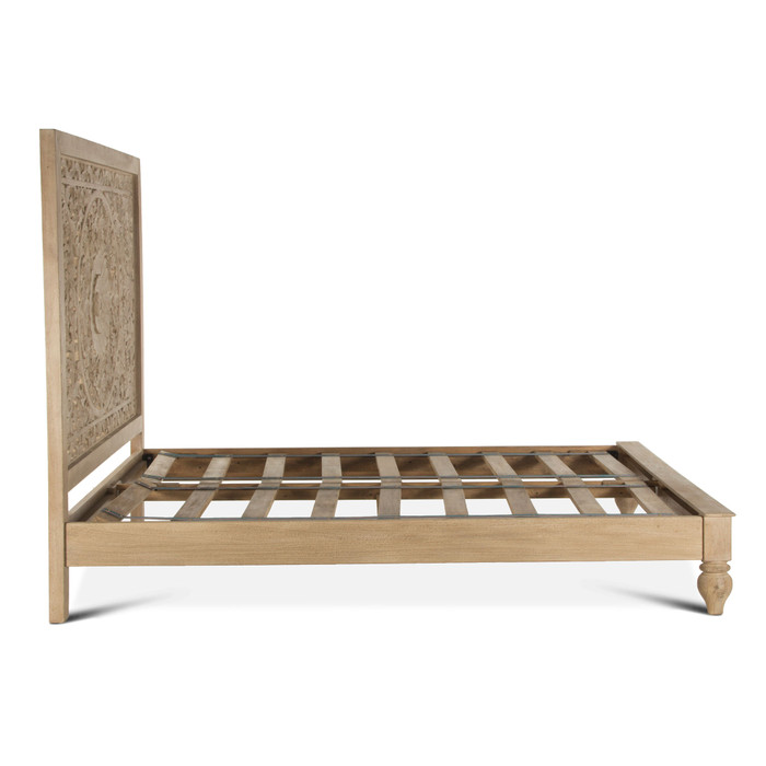 World Interiors - Haveli Carved Queen Bed in Whitewash Finish