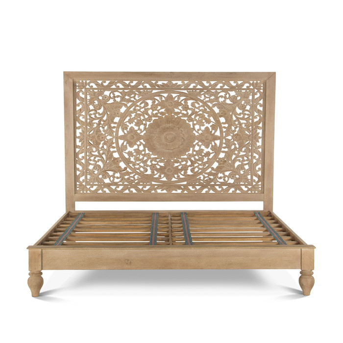 World Interiors - Haveli Carved Queen Bed in Whitewash Finish