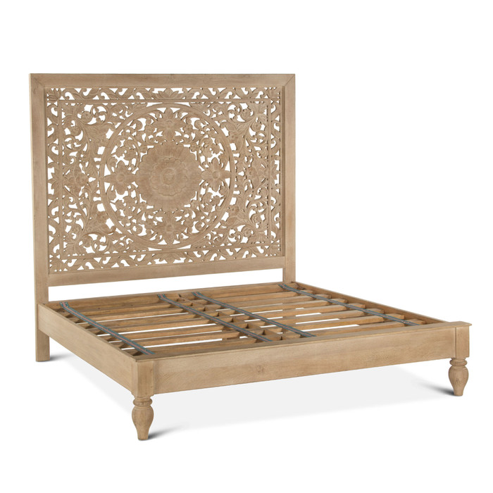 World Interiors - Haveli Carved King Bed in Whitewash Finish