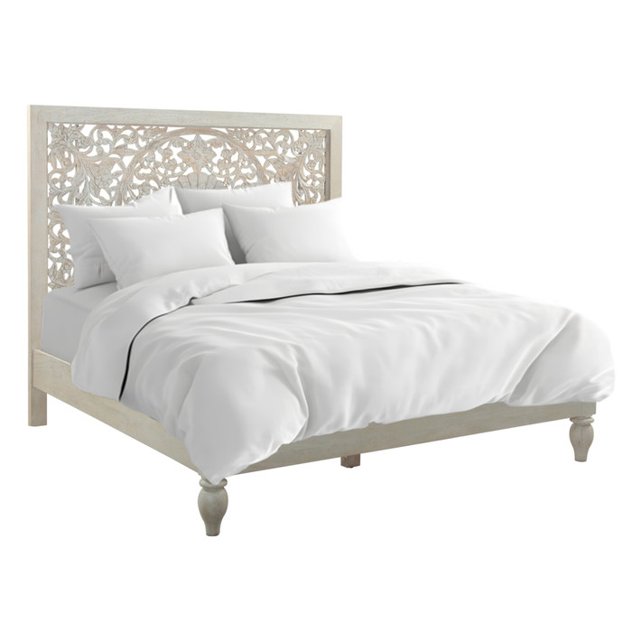 World Interiors - Haveli Queen Bed in Hand Carved Heirloom White
