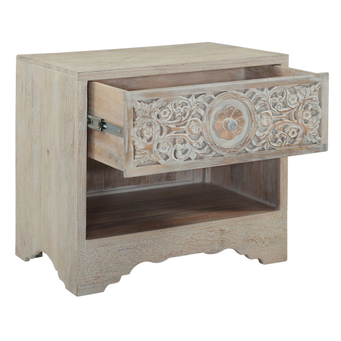 World Interiors - Haveli 26" Plinth Base Nightstand in Carved Heirloom White