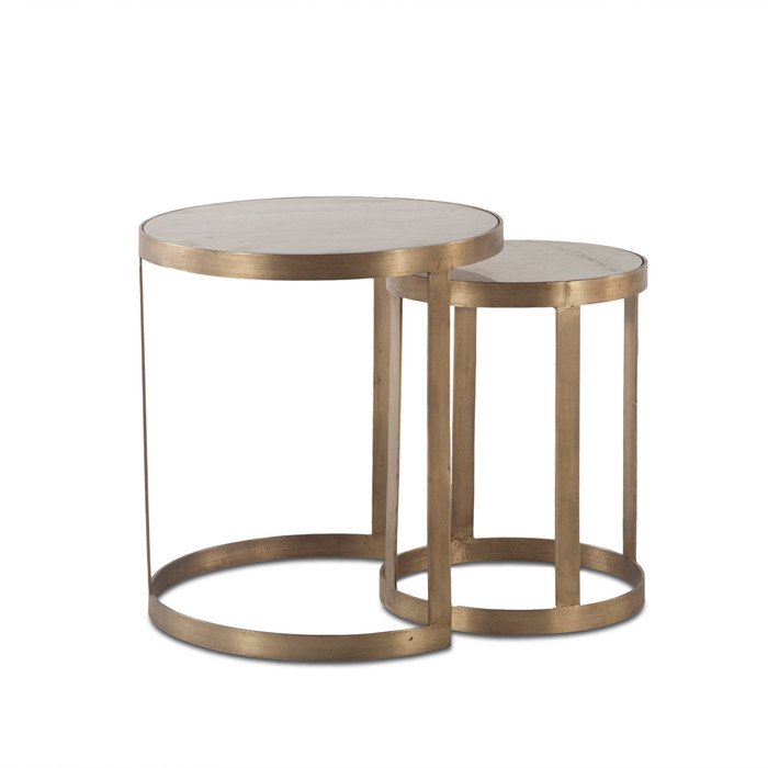 World Interiors - Leonardo White Marble Side Tables with Antique Bonze Base, Set of 2