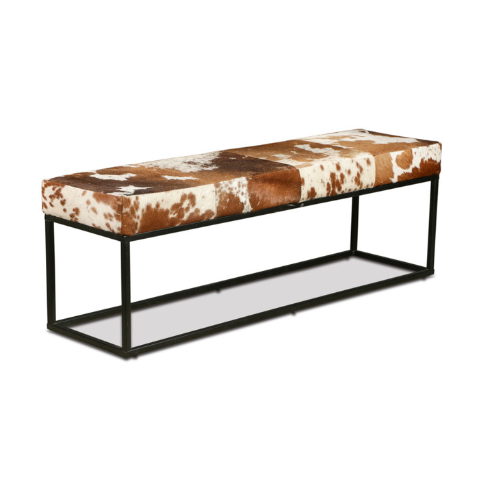 World Interiors - Melbourne 54in Iron and Brown Cowhide Leather Bench