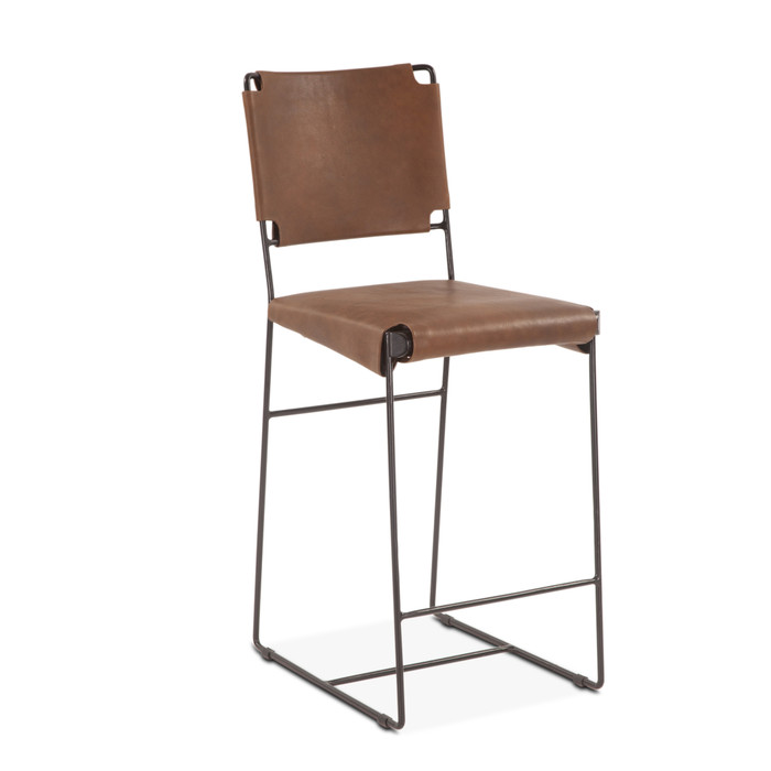 World Interiors - Melbourne 17in Buffalo Leather and Iron Counter Chair Brown