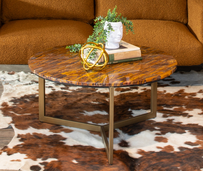 World Interiors - Mumbai 36" Coffee Table in Tiger Eye with Iron Base