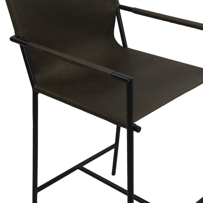 World Interiors - Sutton 20" Counter Armchair in Olive Green Leather and Iron