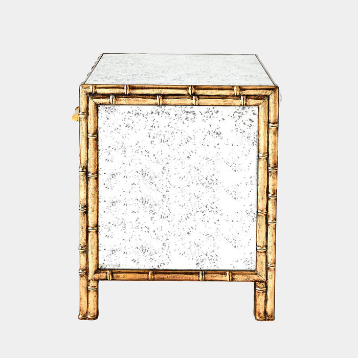 Global Views Mari Bamboo Bedside Chest - Hand-Carved Brass & Antiqued Mirror