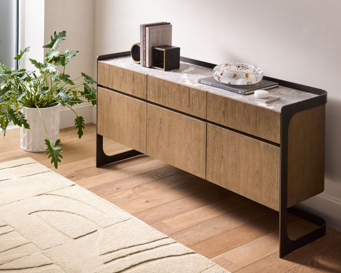 Global Views Element Media Cabinet - American Oak & Spanish Marble