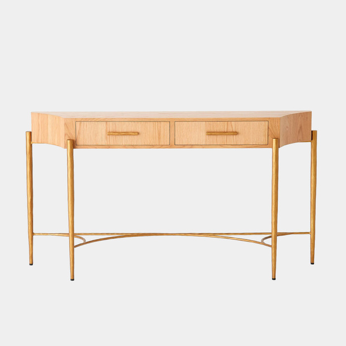 Global Views Breakfront Console Table - Natural Oak & Gold