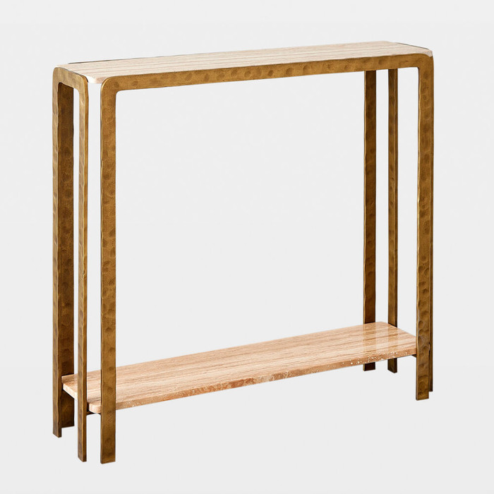 Global Views Kraft Console Table - Light Bronze & Travertine