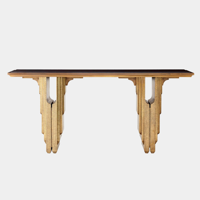 Global Views Layered Deco Console Table - Antique Brass & Black Granite